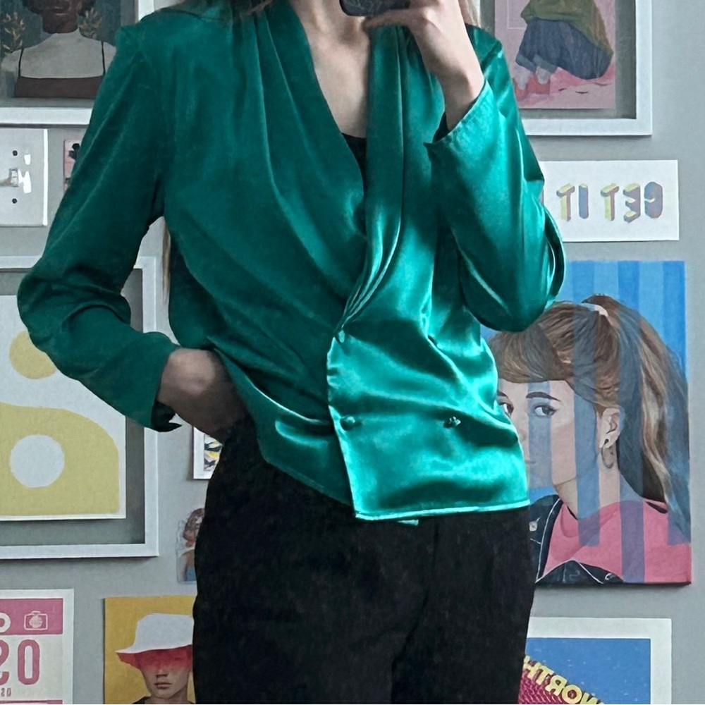 Vintage Satin Silky Teal Blazer Blouse